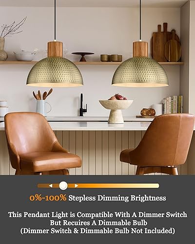 Miniatura 8 de ELYONA Paquete de 2 luces colgantes martilladas de 12 pulgadas, lámpara colgante de cúpula de metal y madera vintage, oro antiguo, lámparas