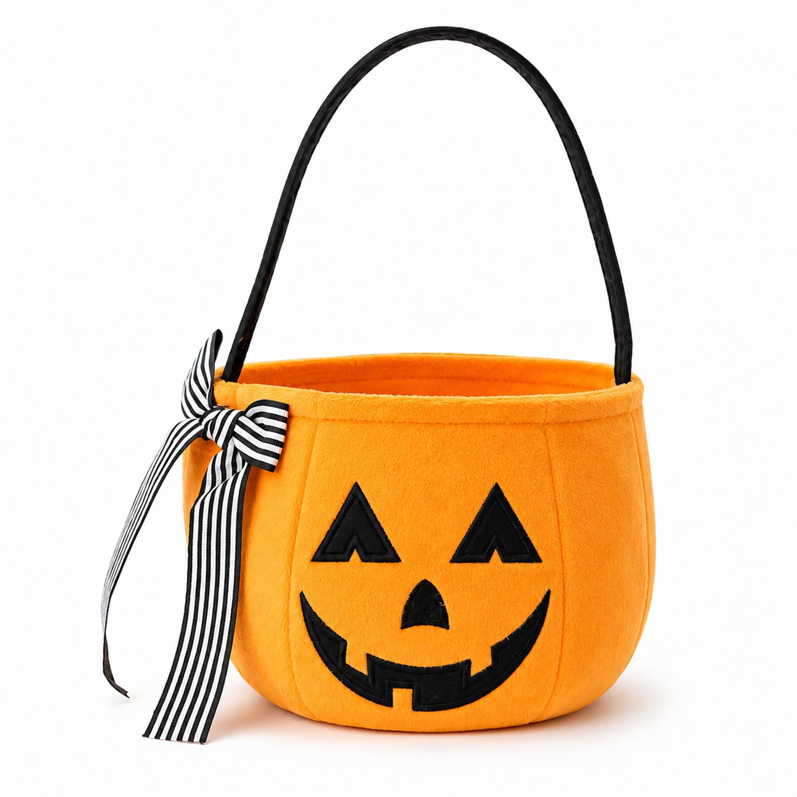 Halloween Pumpkin Plush Tote Bucket, Trick or Treat Candy Bag with Bow