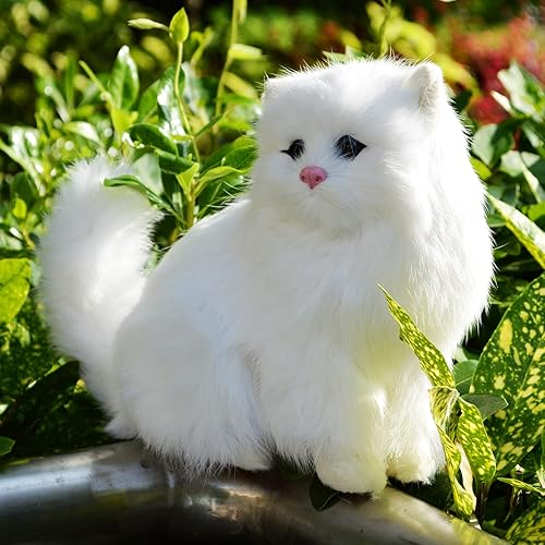 Figura de gato persa peluda artificial realista blanco gatito estante de escritorio para oficina en casa, estatua decorativa para mascotas, piel