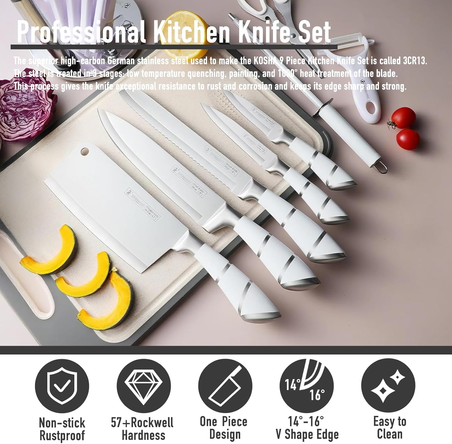 KOSHA Kitchen Knife Set, 9 Piece Knife Set with Block, with Sharpener, High Carbon Stainless Steel Accessories for Kitchen, Rust Proof, Non-Stick Coated, Ergonomic Hollow Horseshoe-shaped Handle