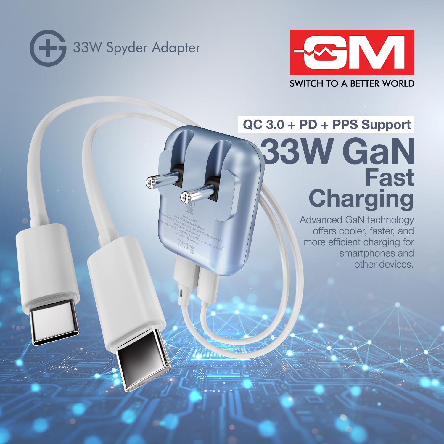 GM G+ 33W Spyder GaN Charger | Foldable Indian Pin | Travel Friendly | Type-C & USB-A Port | Advanced Protection for iPhone, Samsung, Pixel Series, Tablets, MacBook M1 |1 Year Warranty (Light Blue) — Amazon image 6