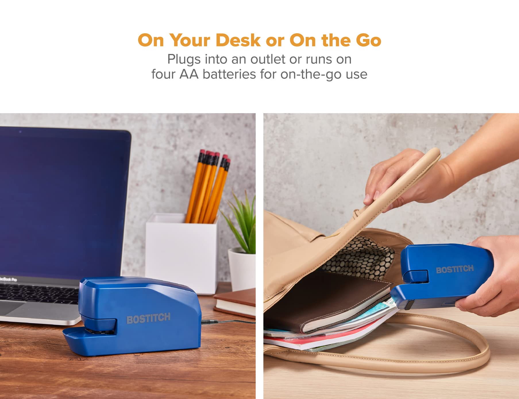 Bostitch Grapadora eléctrica portátil de oficina, 20 hojas, CA o batería, incluye 1250 grapas, azul