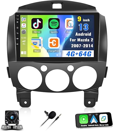 4G+64G Radio de coche para Mazda 2 2007-2014 con CarPlay Android Auto, pantalla táctil de 9 pulgadas, Android 13 Mazda 2 estéreo para automóvil con