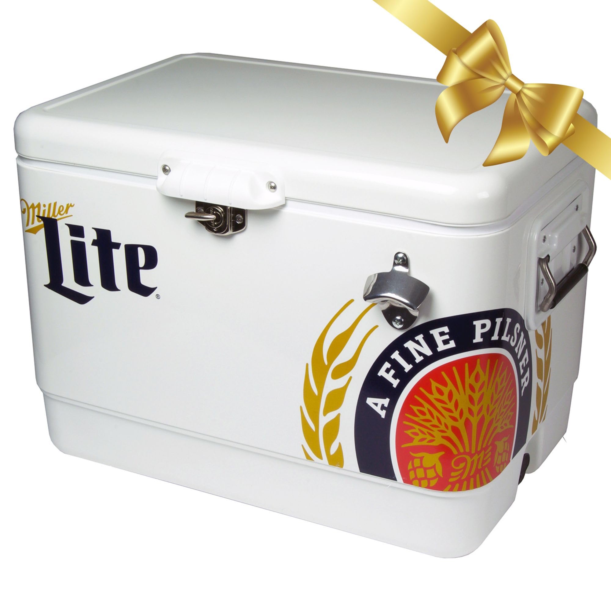 Miller Light Ice Chest Cooler - Portable Ice Bucket with Bottle Opener, Vintage Style, Insulated for Camping, Beach, Picnic, RV, BBQs, Tailgating, Fishing, Steel-Belted, 85 Can Ice Box, 51L (54 qt)