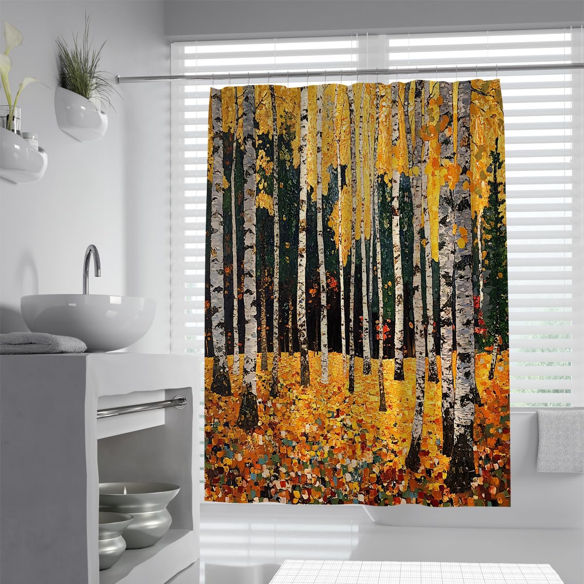 OLLIAR Home Famous Painting Print Shower Curtains Yellow Birch Trees Autumn Forest Pattern Classic Art Decor Waterproof Bathroom Curtains Set with Hooks 180x200