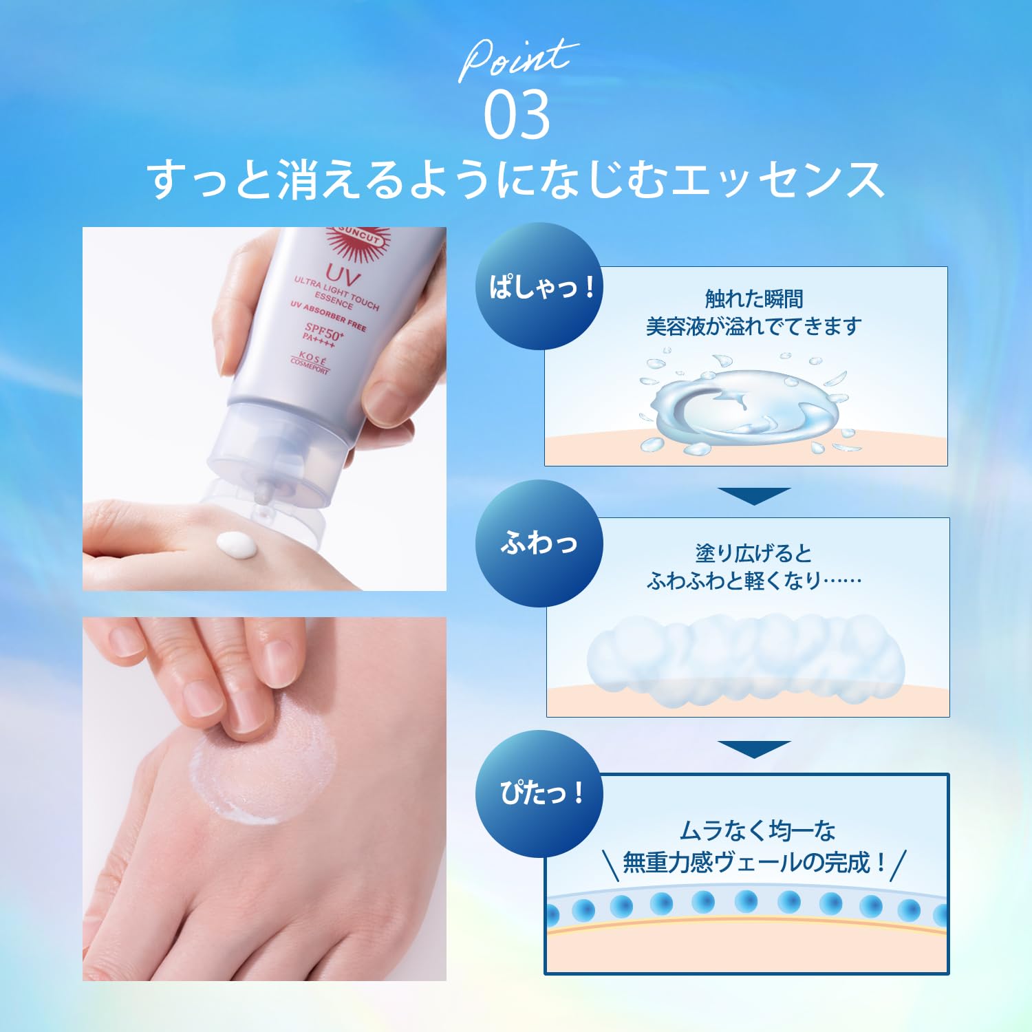 SUNCUT Ultra Light Touch UV Essence 50 g, SPF50 + PA++++ - Sunscreen giapponese per viso e corpo, impermeabile, assorbitore UV non chimico, senza alcool, base leggera