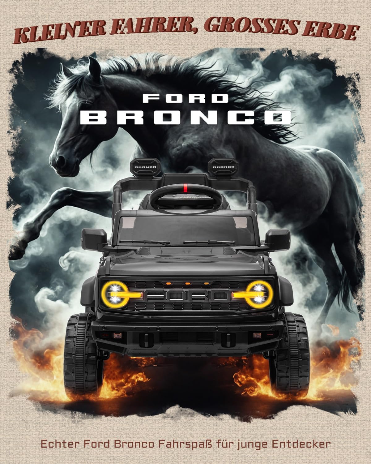 First Ride On Lizenziertes Ford Bronco Raptor 12 V Kinder Elektroauto, Elektrofahrzeug für Kinder mit Doppeltüren und 3-Punkt-Sicherheitsgurt, batteriebetriebenes Kinderauto ab 3 Jahren (Schwarz)