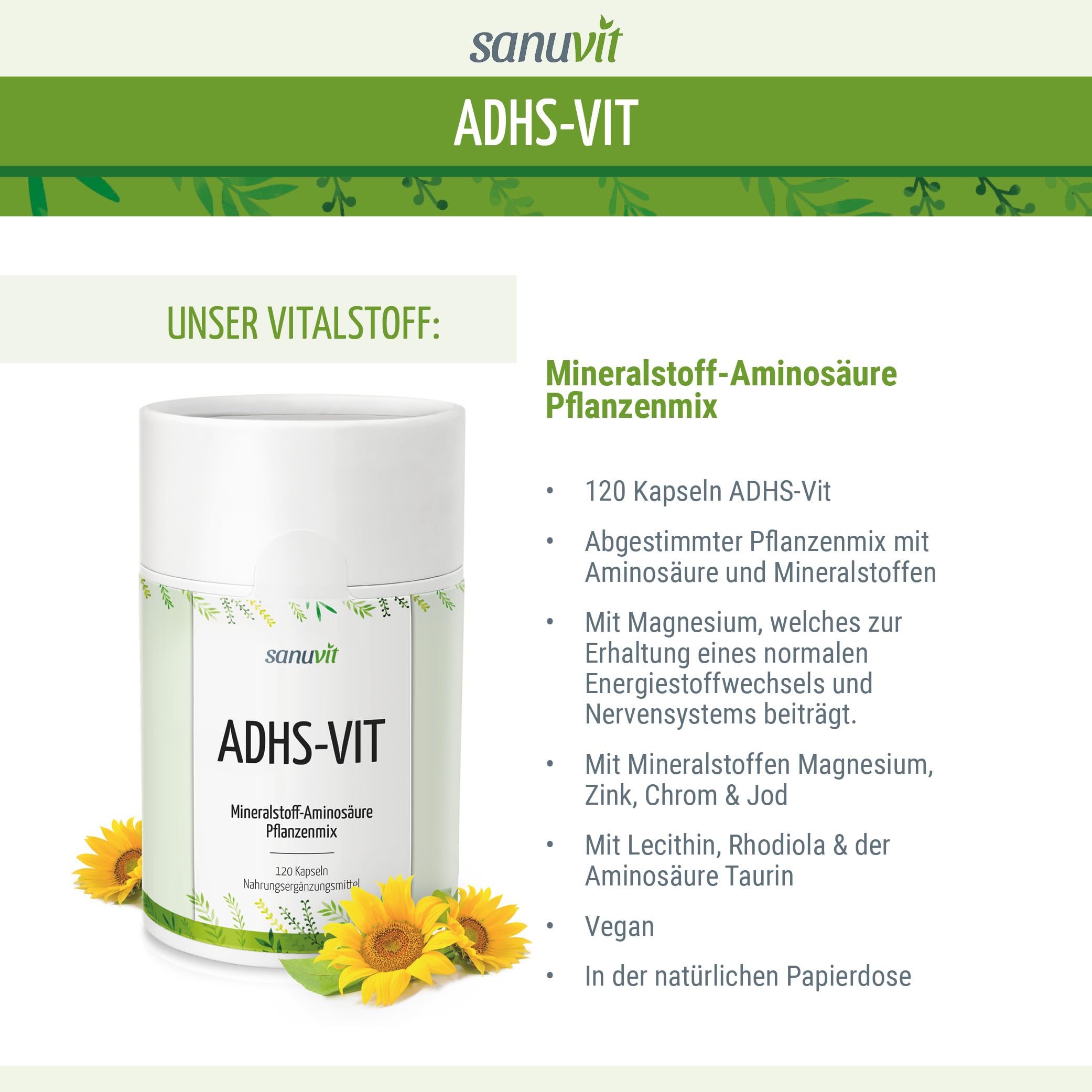 Sanuvit® - ADHS-VIT | Focus & Aufmerksamkeit | Für Erwachsene & Kinder| Hohe Bioverfügbarkeit | Qualität aus Österreich | Vegan | 120 Kapseln