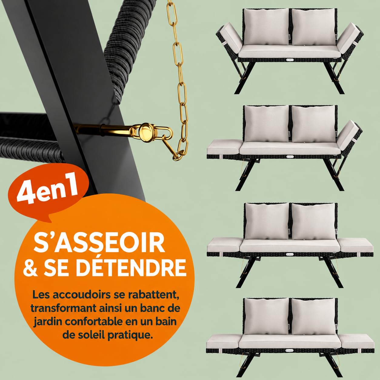 Casaria® Banc de Jardin Noir/Blanc polyrotin Fonction Chaise Longue réglables Extérieur Jardin Terrasse Balcon Canapé