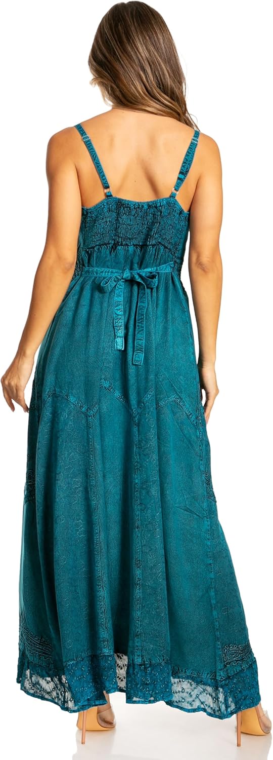 Sakkas Stonewashed Rayon Embroidered Adjustable Spaghetti Straps Long Dress