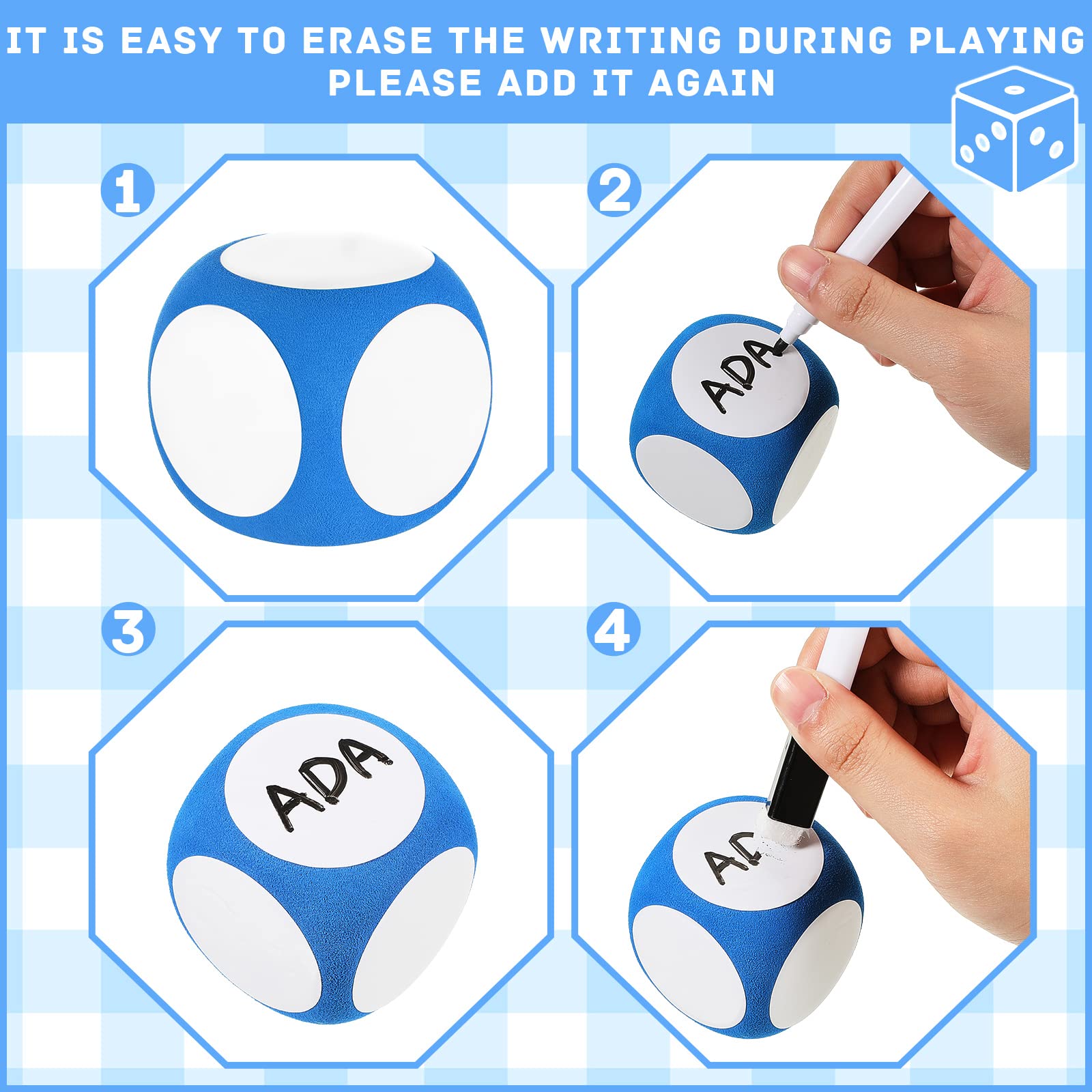 Juego de bloques de borrado en seco con marcador, coloridos dados de borrado en seco de 2 pulgadas, cubos de dados de pizarra blanca, cubos de dados para limpiar y escribir números para aprender a 3