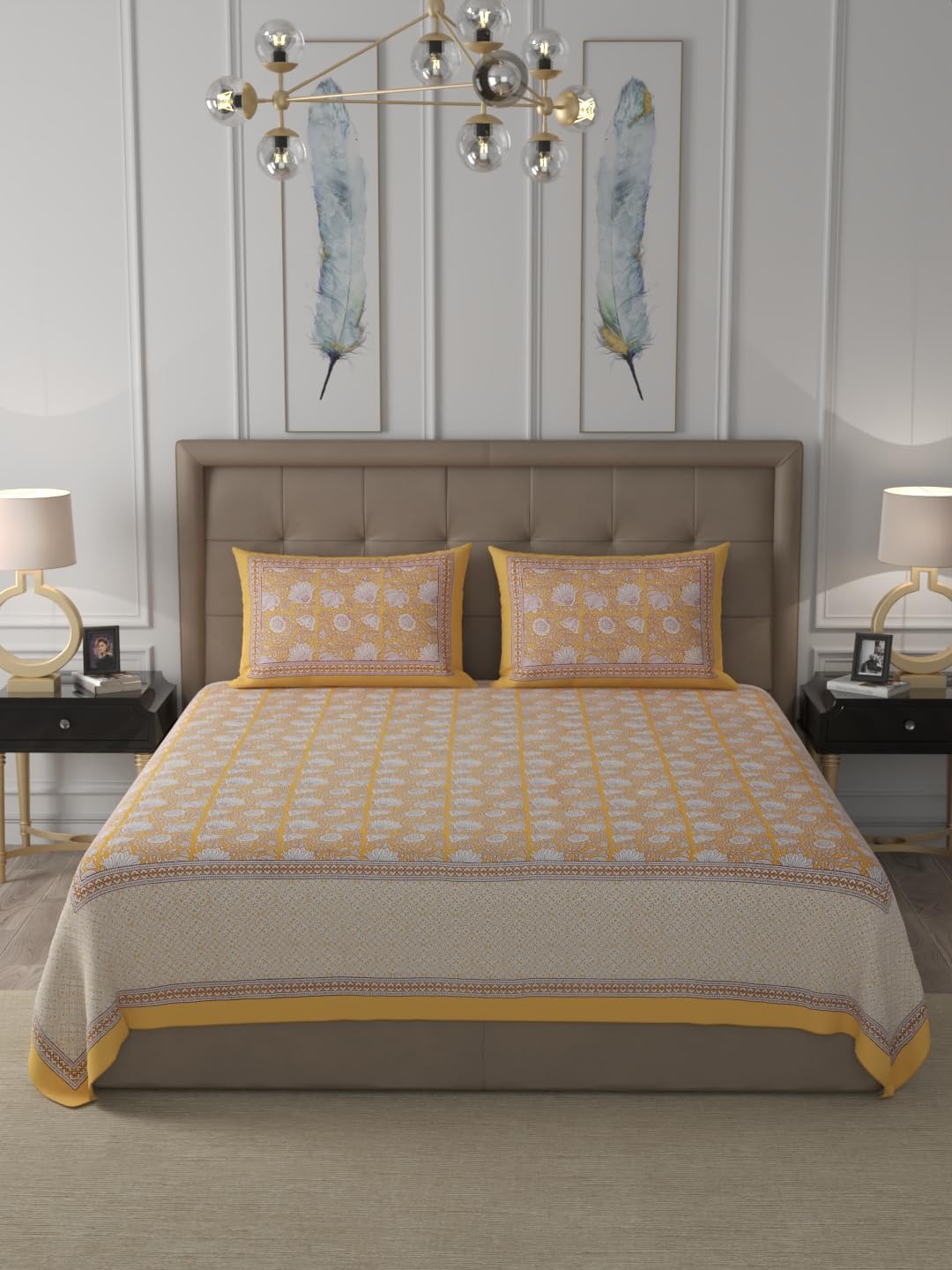 CURBS Pure Cotton Hand Block Floral Printed Super King Size Bedsheet for Double Bed | TC 340 | 108 x 108 Inches | Bedsheeet for Living Room & Bedroom Decor (Blue)