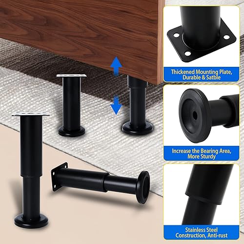 Miniatura 4 de Juego de 4 patas ajustables de 4.72 a 7.48 pulgadas con 18 tornillos, patas de repuesto de altura ajustable resistentes para tocador, sofá, cama,