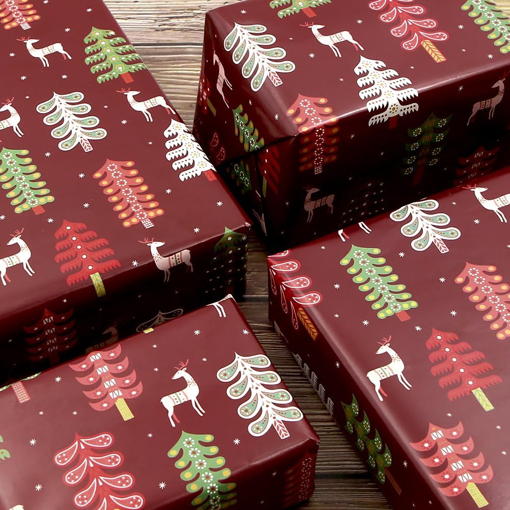 Festive Rustic Elegant Adorable Christmas Trees and Reindeer in Forest Burgundy Wrapping Paper 4 Sheets -(28"x20" Per Sheet, 4-Sheets, 1-Designs: 15 sq. ft. ttl)- Gift Wrap For Kids Girls Holiday Christmas image 4