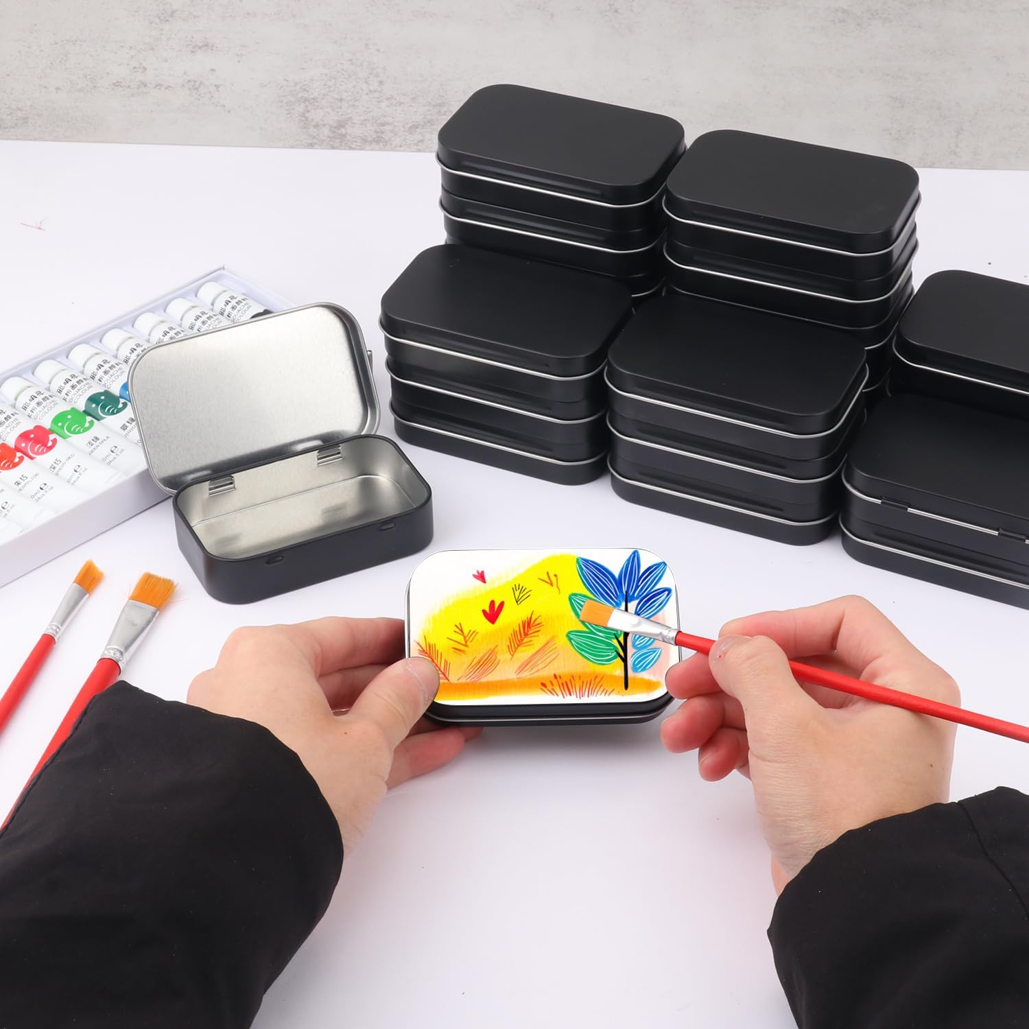 55 Pack Black Metal Tins with Hinged Lid, Rectangular Hinged Tins for Mini Candles, Keys, Cosmetics, Candy (3.75 x 2.45 x 0.9 Inch)