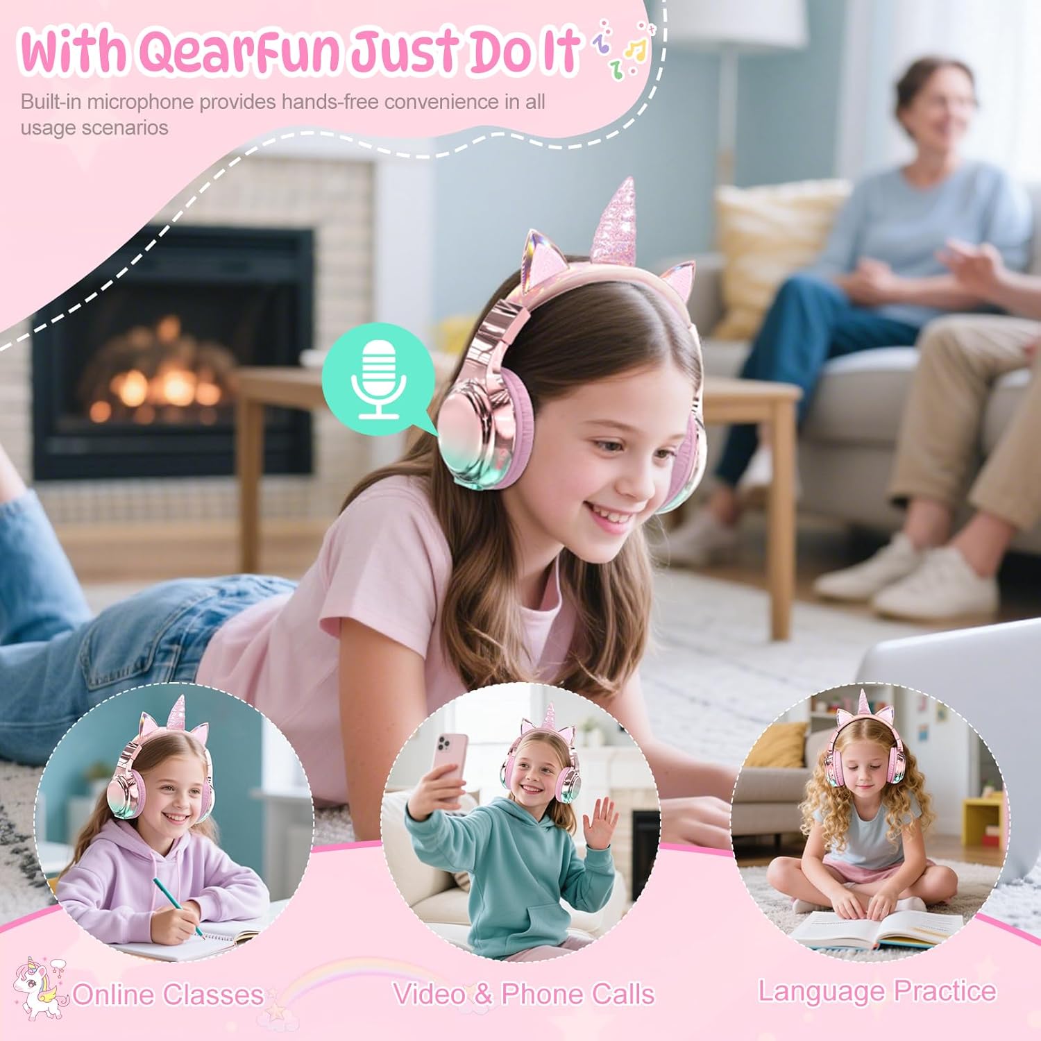 QearFun Kids Unicorn Bluetooth Headphones, 60H Playtime, 74/85/94dB Safe Volume Limit, Metallic Gradient Wireless Headset with Mic, Fast Charging, Foldable, Wired Mode for Girls School/Tablet/Travel - Image 5