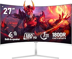 Gawfolk 27 Inch PC computer screen,1800R Curved Gaming 180Hz Monitors, FHD1080p,1ms,Built-in speaker, freesync, 98% sRGB,1…