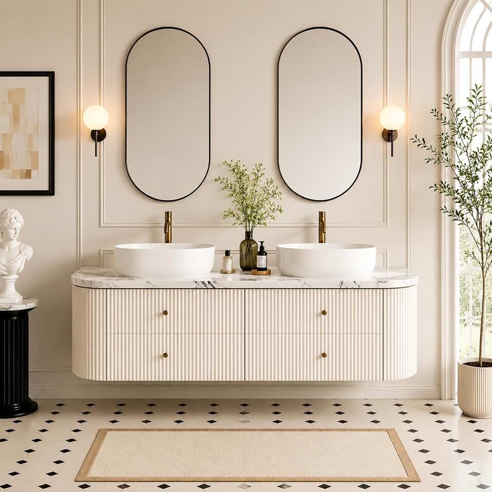 102 IN Double-Sink Floating Bathroom Vanity with Countertop & Mirrors