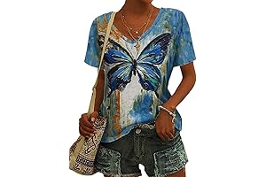 Women's Summer Plus Size Butterfly Graphic Tee Shirts Short Sleeve V-Neck Loose Fit Casual Tops