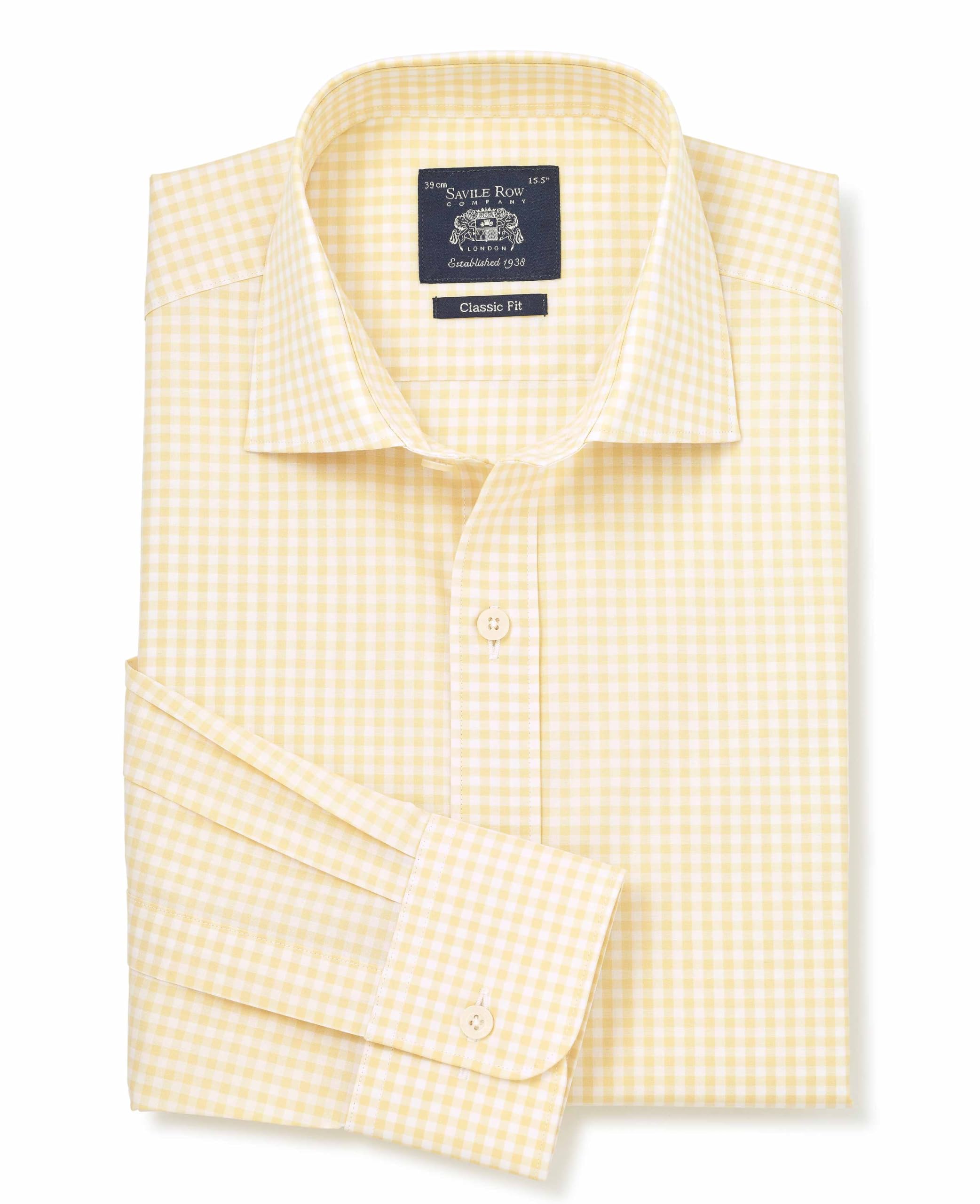 THE SAVILE ROW COMPANY LONDON Men's Classic Fit Cotton Poplin Single Cuff Formal Shirt - Sun Yellow/White Gingham Check - 16.5" Collar