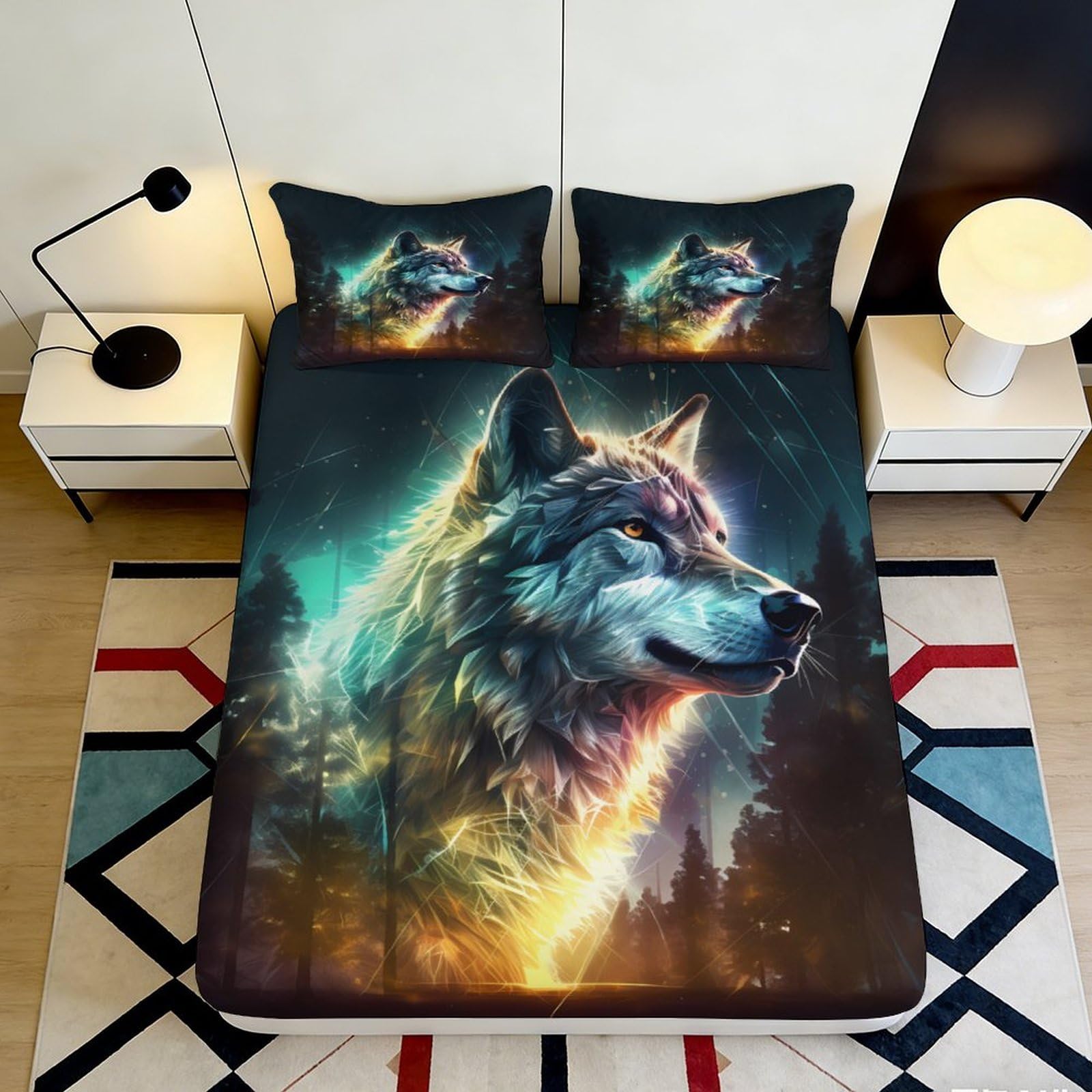 Artistic wolf motif 3D Printed Fitted Sheet, soft touch Microfiber, wrinkle resistant, home decor piece, guest room bedding 90x200x25cm