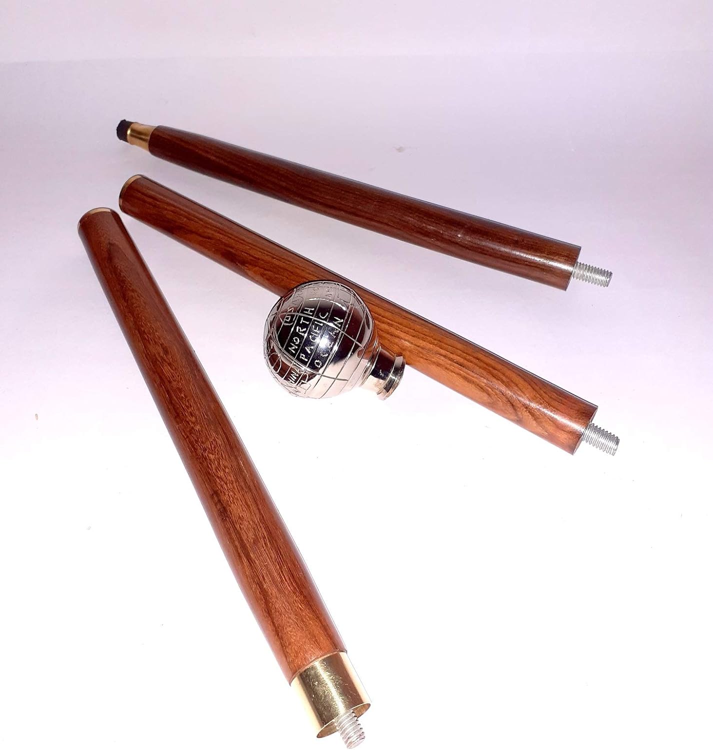 Vintage Designer Globe Handle Antique Style Victorian Cane Wooden Walking Stick Silver Brown