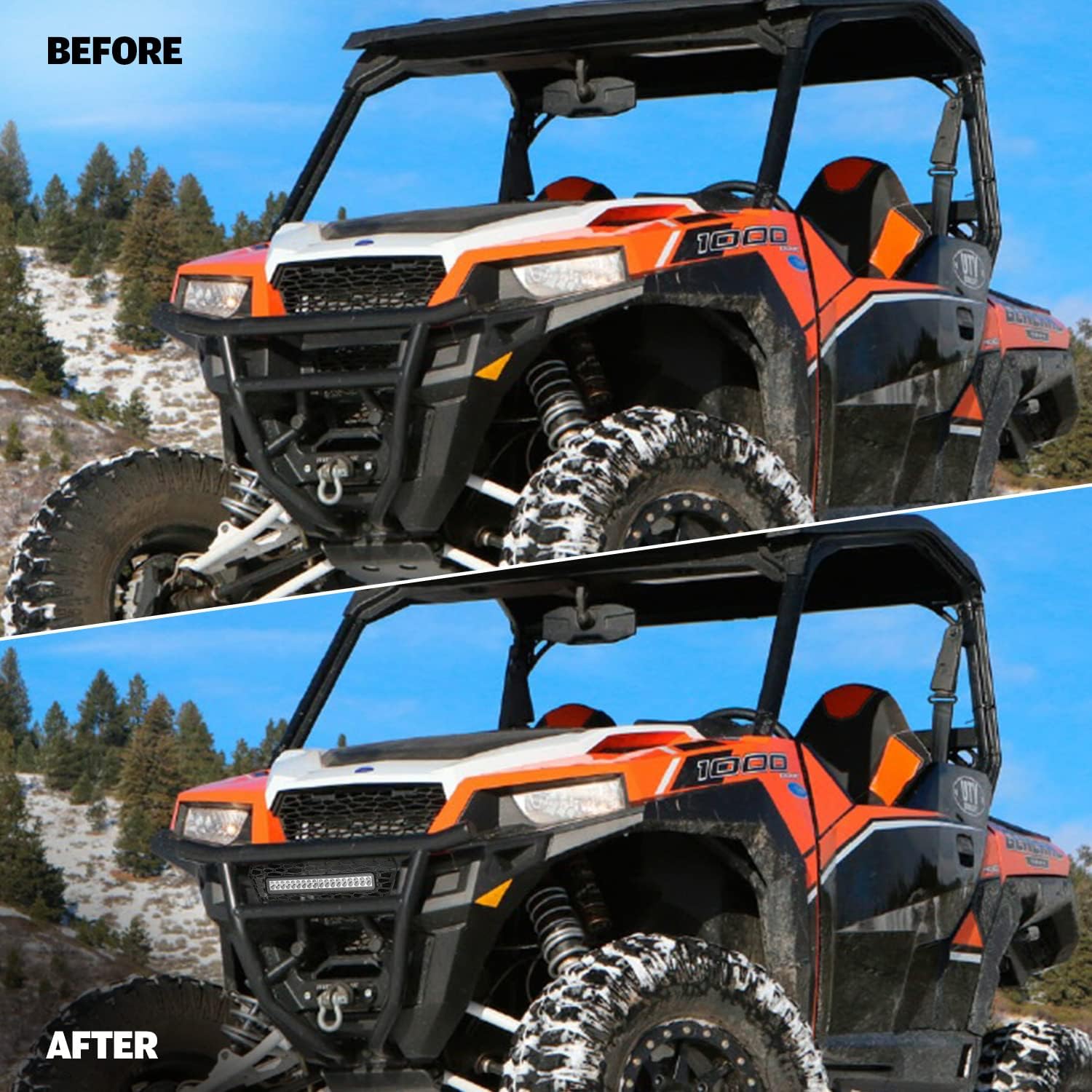 HAKA TOUGH General Front Grill With Light for 2016 2017 2018 2019 2020 2021 2022 Polaris General 1000/4 1000 Accessories 2016-2024, Black Mesh Grille with LED Light Bar