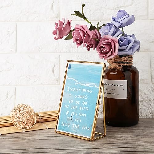 AUNMAS Marco de fotos de vidrio de latón, soporte retro vintage de metal dorado, tira de cobre, marco de fotos de escritorio con cierre de medallón