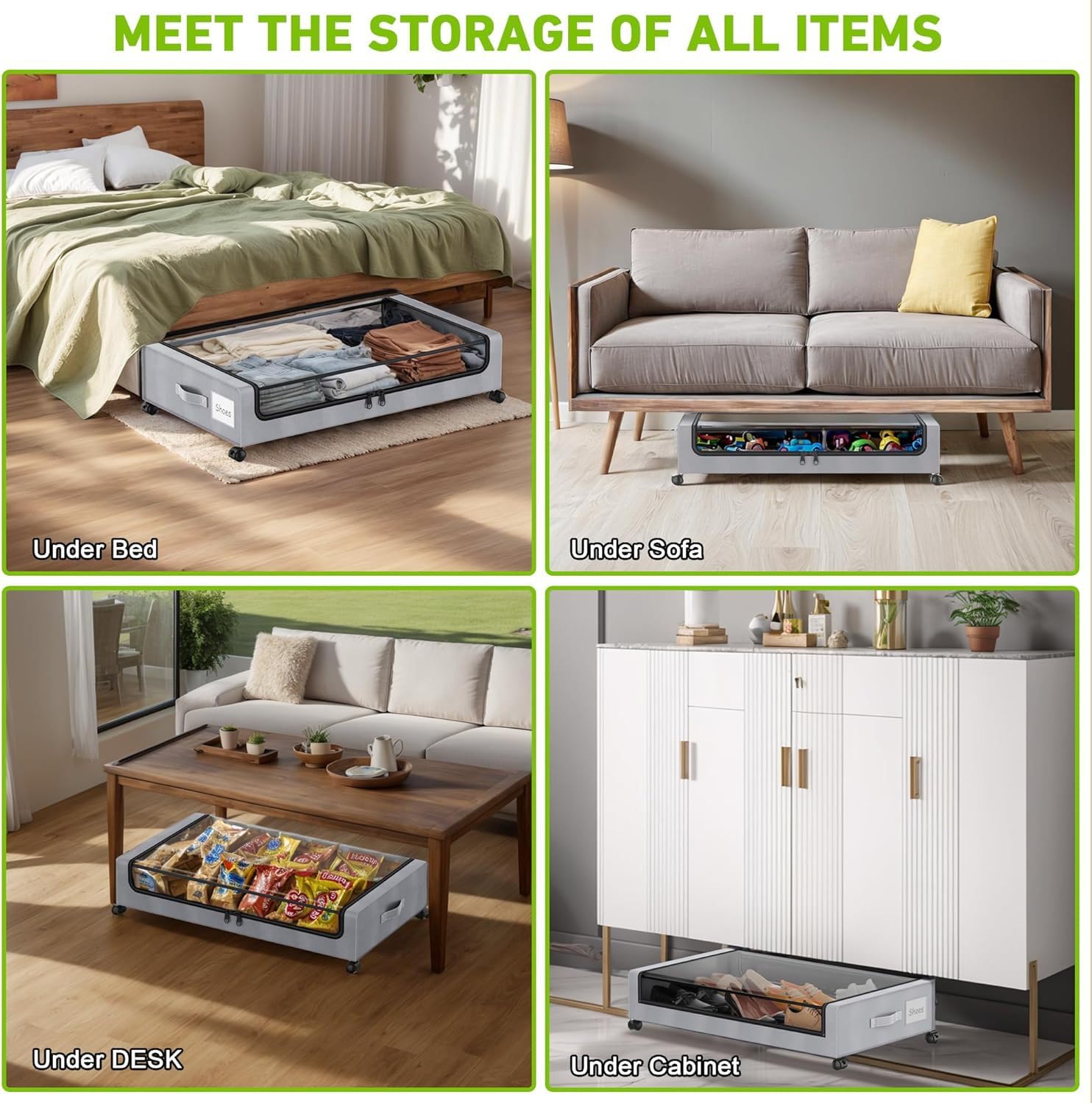 SPEEDEVE 2 Pezzi Contenitori Sottoletto con Ruote 50L Cassettiera con PVC Coperchio Salvaspazio Organizer per Vestiti Scarpe Libri Giocattoli Coperte,Grigio,2 pezzi