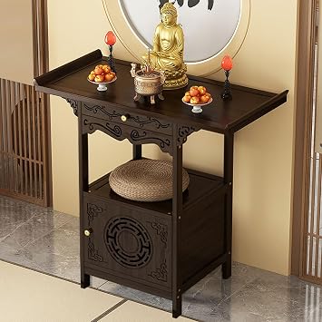 ZMHPLKH Buddhist Altar Table with Storage, Bamboo Meditation and Worship Cabinet with Drawers and Raised Base for Home Shrine, Prayer & Spiritual Practices, Large Storage Capacity I L26in
