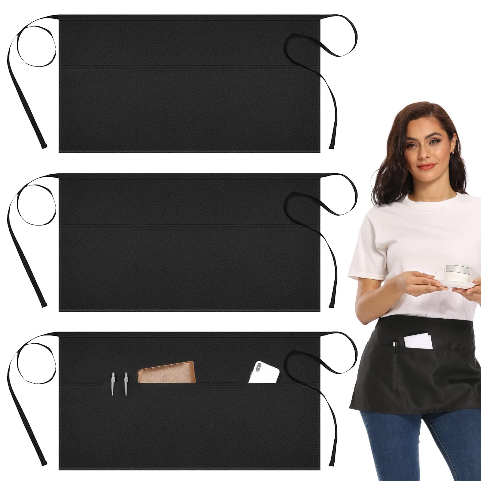 Asheyya Black 3 Pack Waitress Apron With Pockets, Anti-Dirt Waist Apron For Home Kitchen Restaurant Work Chef Waiter Cooking Baking