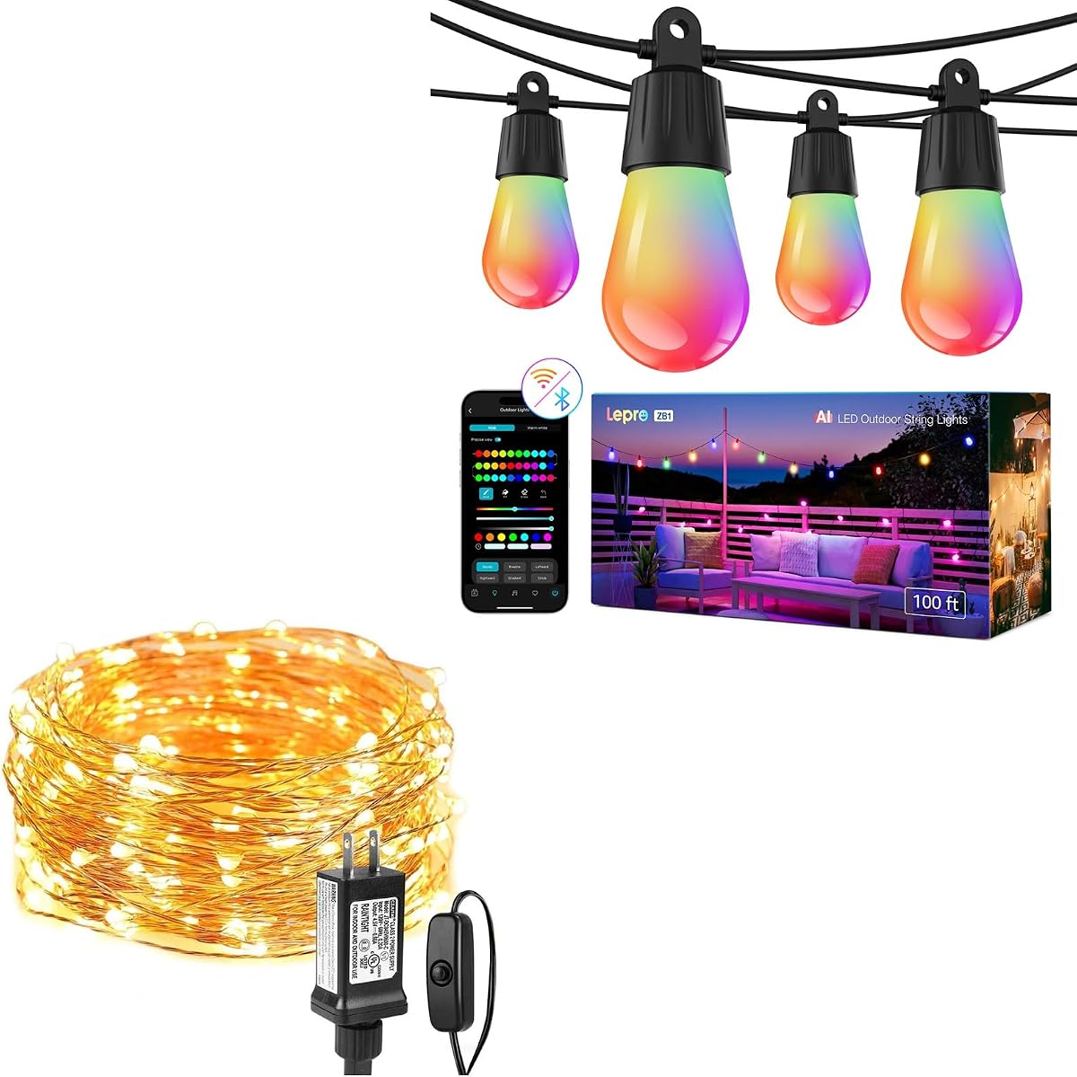 Paquete: guirnaldas de luces enchufables de 33 pies y cadena de luces inteligentes AI para exteriores