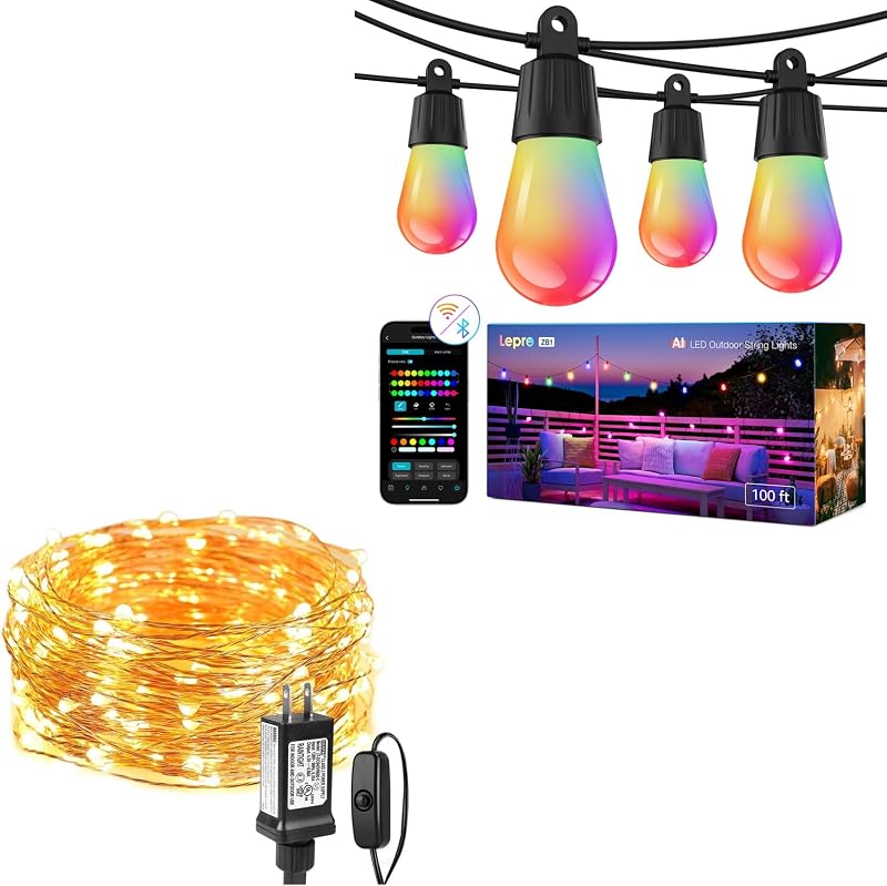 Paquete: guirnaldas de luces enchufables de 33 pies y cadena de luces inteligentes AI para exteriores