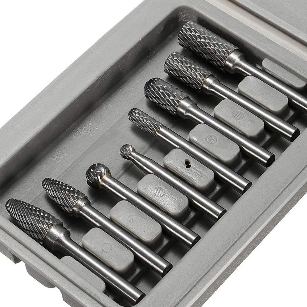 8pcs Carbide Rotary Burr Set, Double Cut 1/4''(6.35mm) Shank Solid Carbide Rotary Burr Set for Die Grinder Drill for Woodworking,Drilling, Metal Carving, Engraving, Polishing by YEEZUGO