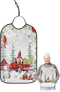 BOBOWUNY Christmas Truck Adult Bibs for Elder Women Men Eating, Gnomes Xmas Tree Winter Snowman Waterproof & Washable Bibs for Eating Clothing Protector Dining Bibs for Crumb Catcher