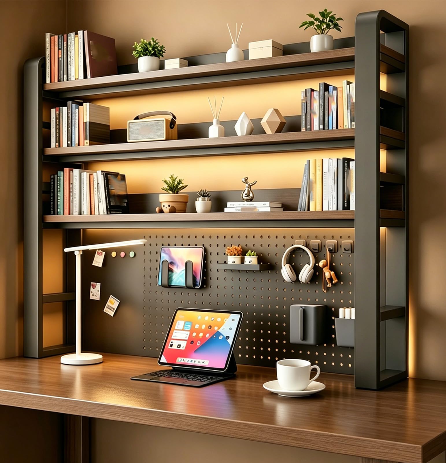 Estante de escritorio de 2 niveles con tablero de clavijas y accesorios, estante de escritorio de 4 niveles para oficina y hogar, tablero negro y nogal, 29.5 x 9.8 x 48.5 pulgadas, maximiza el espacio