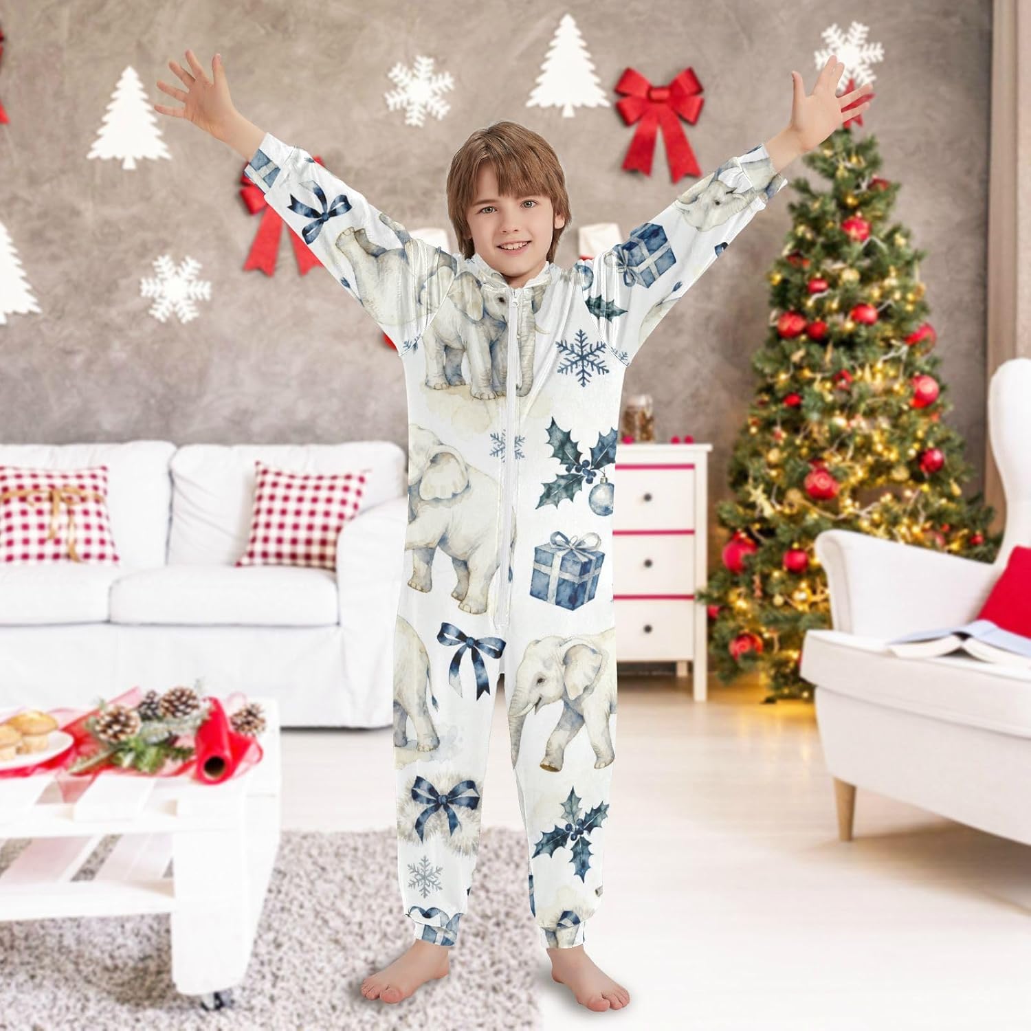 Cute Elephant Dark Blue ChristmasSleepwear Holiday PajamasCute Soft Hooded Xmas Holiday Costumesfor Christmas Home