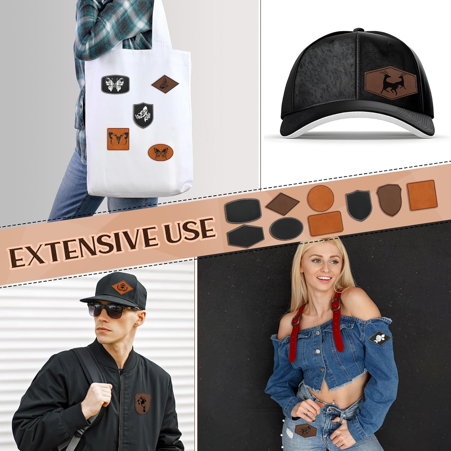 Yunlly 180 Pcs Rustic Leather Patches for Hats with Adhesive Heat Laser Engraving Blanks Patch Faux Leatherette Blank Patches for Embroidery Sew Clothing Jackets Backpack Fabric (Black, Brown, Khaki)