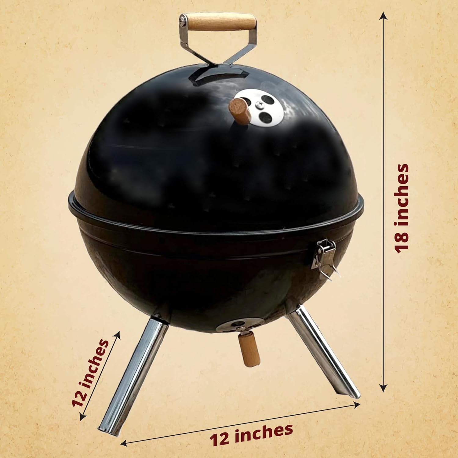 Pellethead Freedom Stove BallBQ Grill with dimensions: 12 inches diameter, 18 inches height