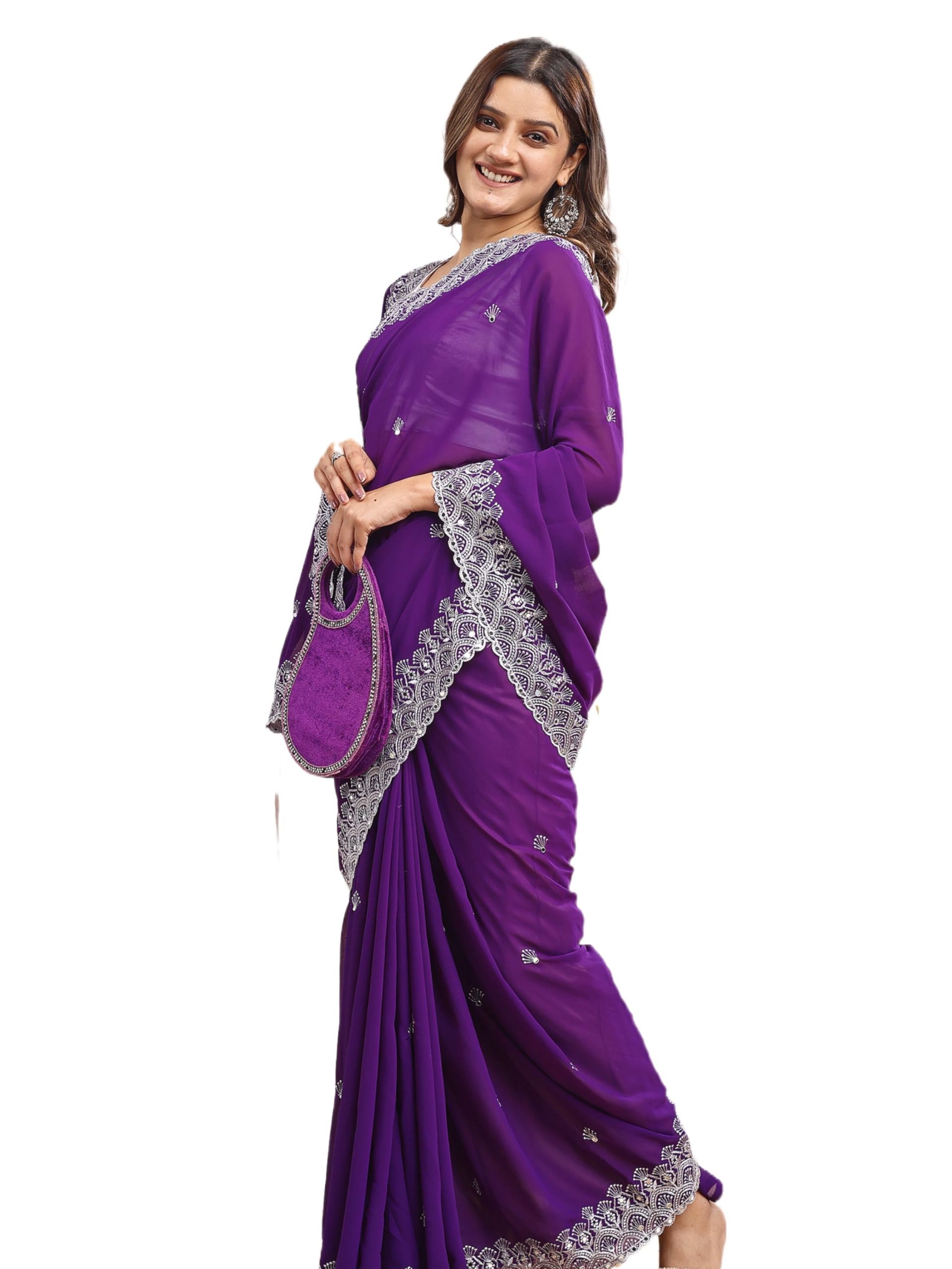 Women's Georgette Saree with Silver Mirror Embroidery Border Work and Blouse Piece