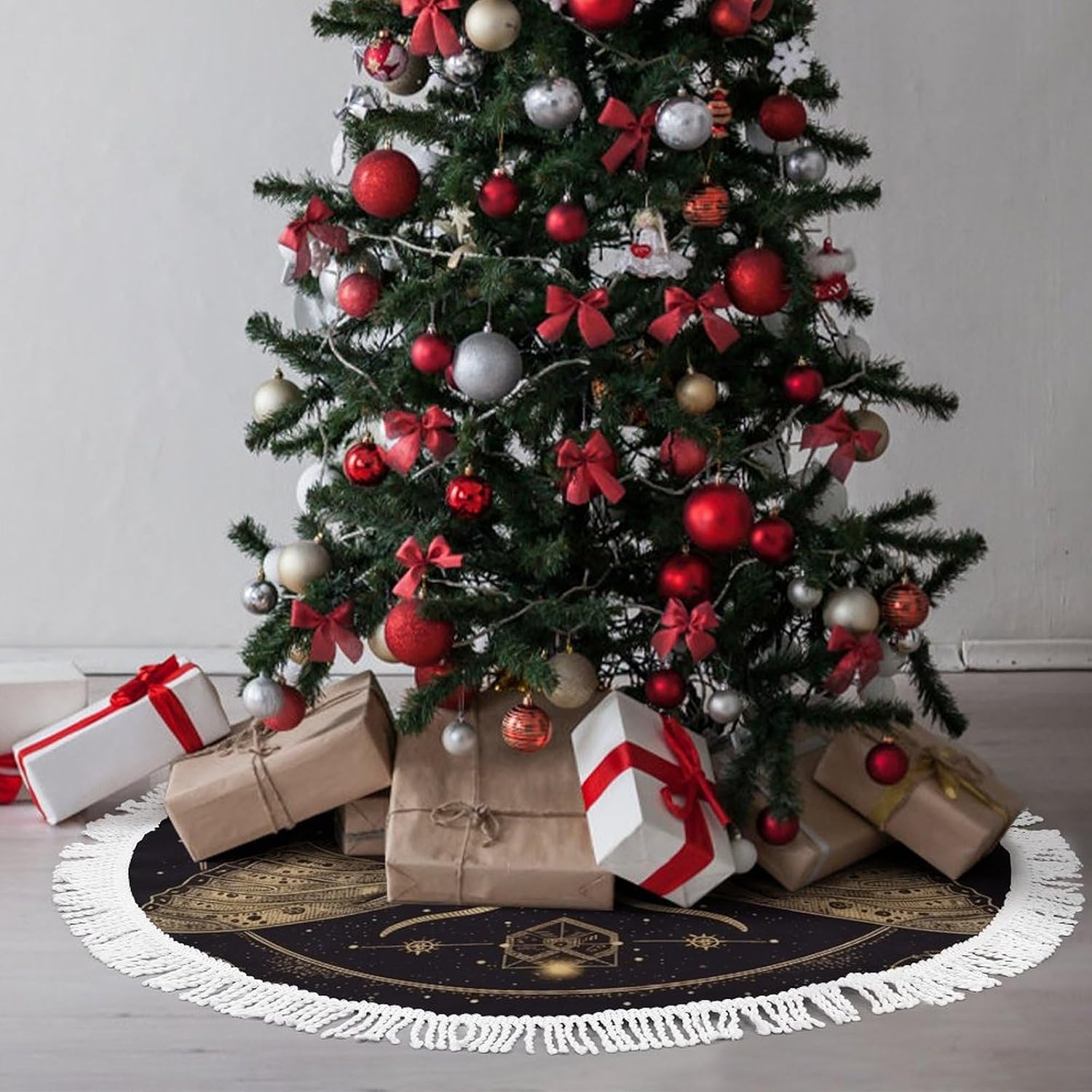 Cute Tassel Christmas Tree Skirt，Halloween Tree Skirt Large Christmas Tree Skirt Christmas Tree Decorations Double Sided Moth Printed Tree Skirt-36in