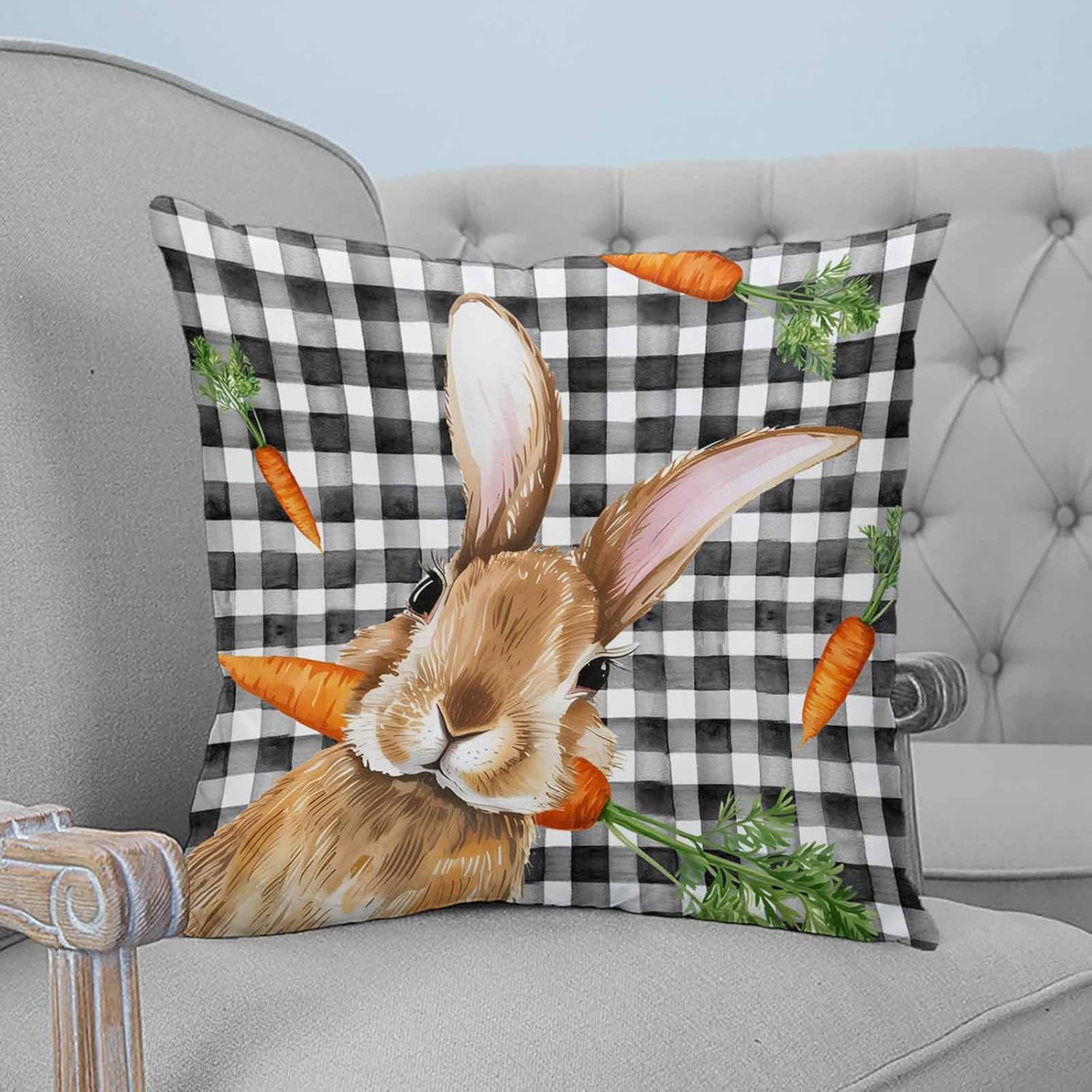 T&H XHome Throw Pillow Covers 18 x 18 Inches Set of 2 Easter Bunny Carrot Black White Buffalo Plaid Farmhouse Decorations Cushion Cover Zippered Square Pillowcase for Bedroom Living Room Sofa Couch
