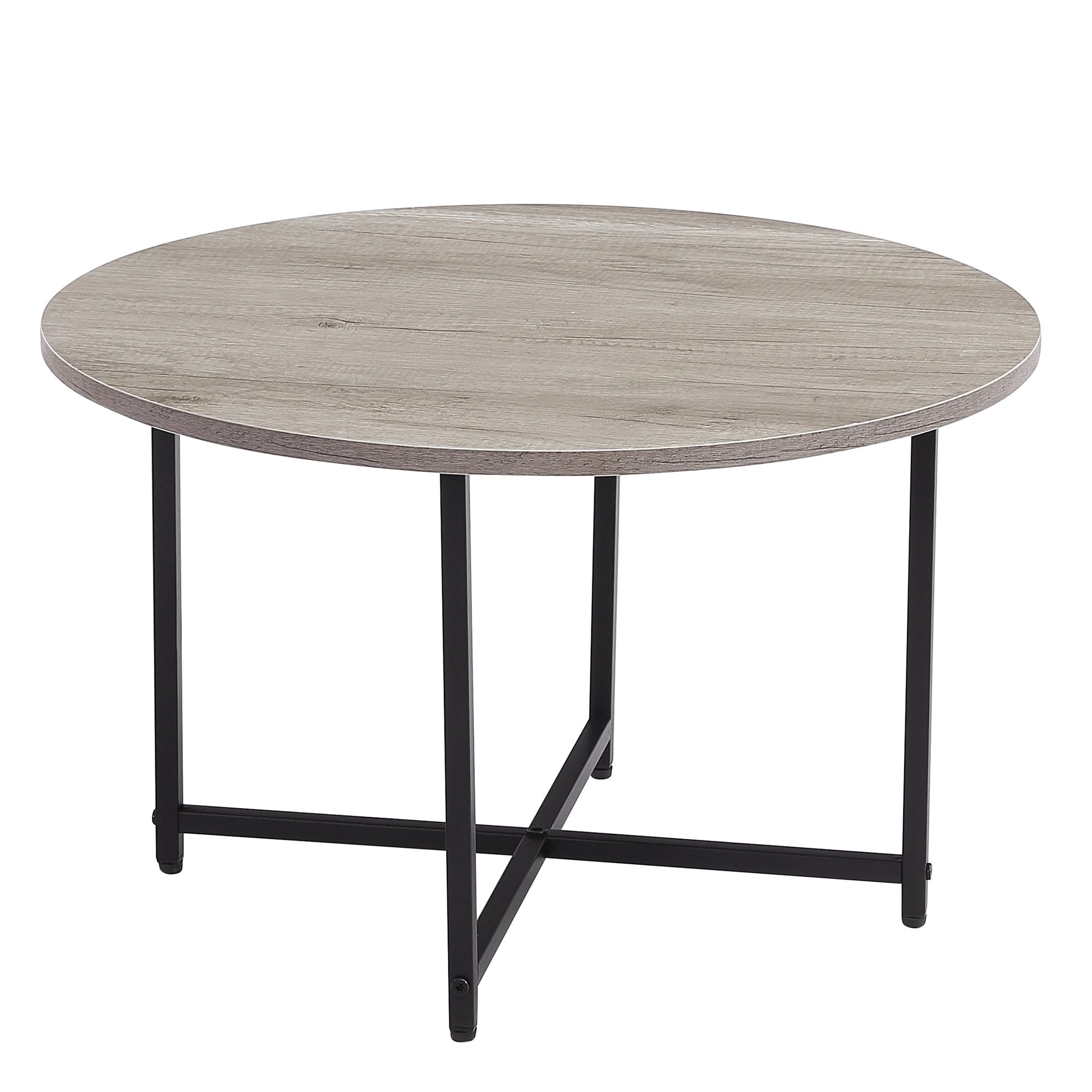 Round Coffee Table with Rustic Wooden Top & Sturdy Mental Legs Sofa Couches Table Side Table End Table Accent Table for Living Room Balcony Kitchen Natural Modern Design Furniture (Grey Oak)