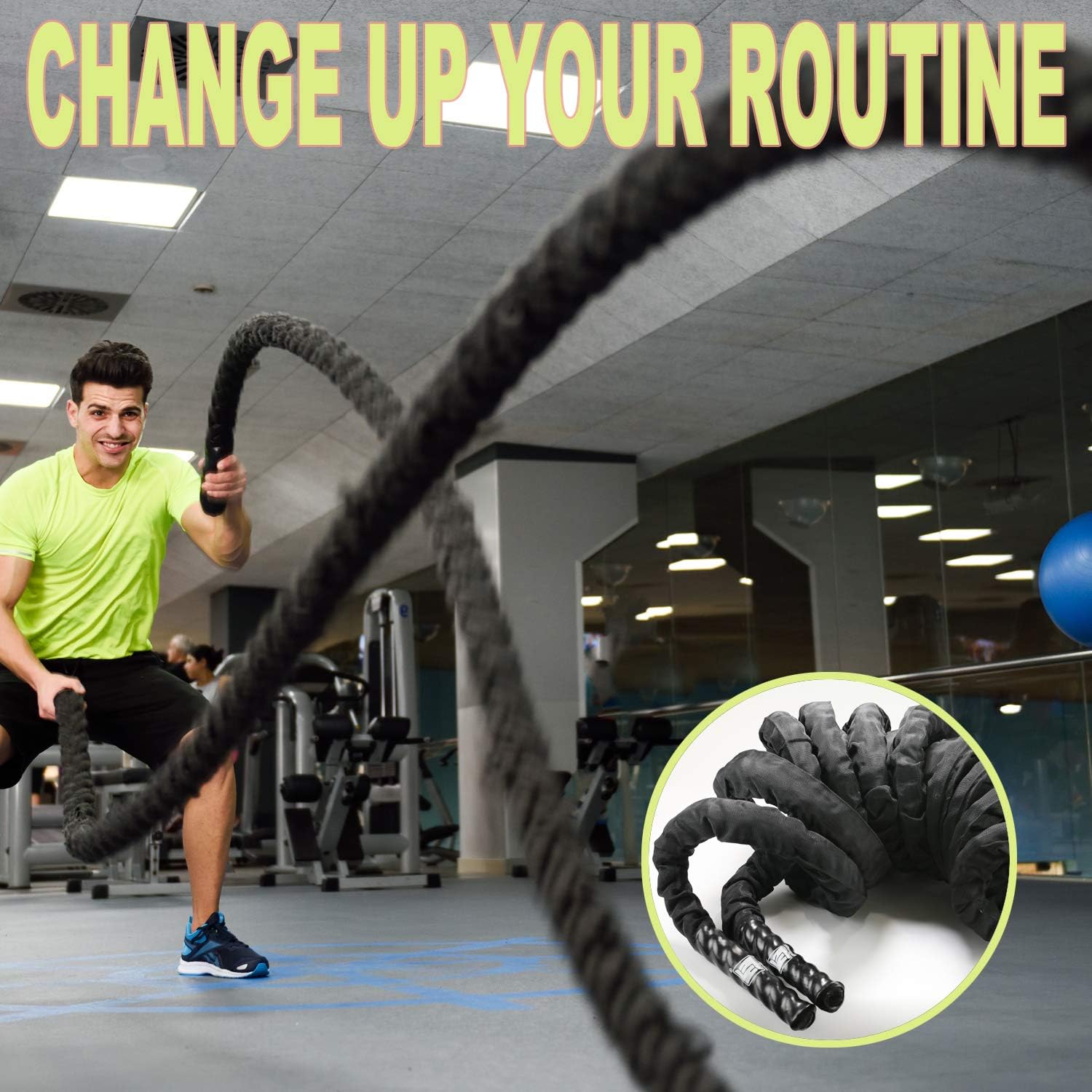 Wellmax Heavy Duty Battle Rope with Portable Anchor Kit, 1.5 and 2 inch by 30ft, Perfect for Muscle Training Exercise, Fitness, Cardio Workout and Crossfit