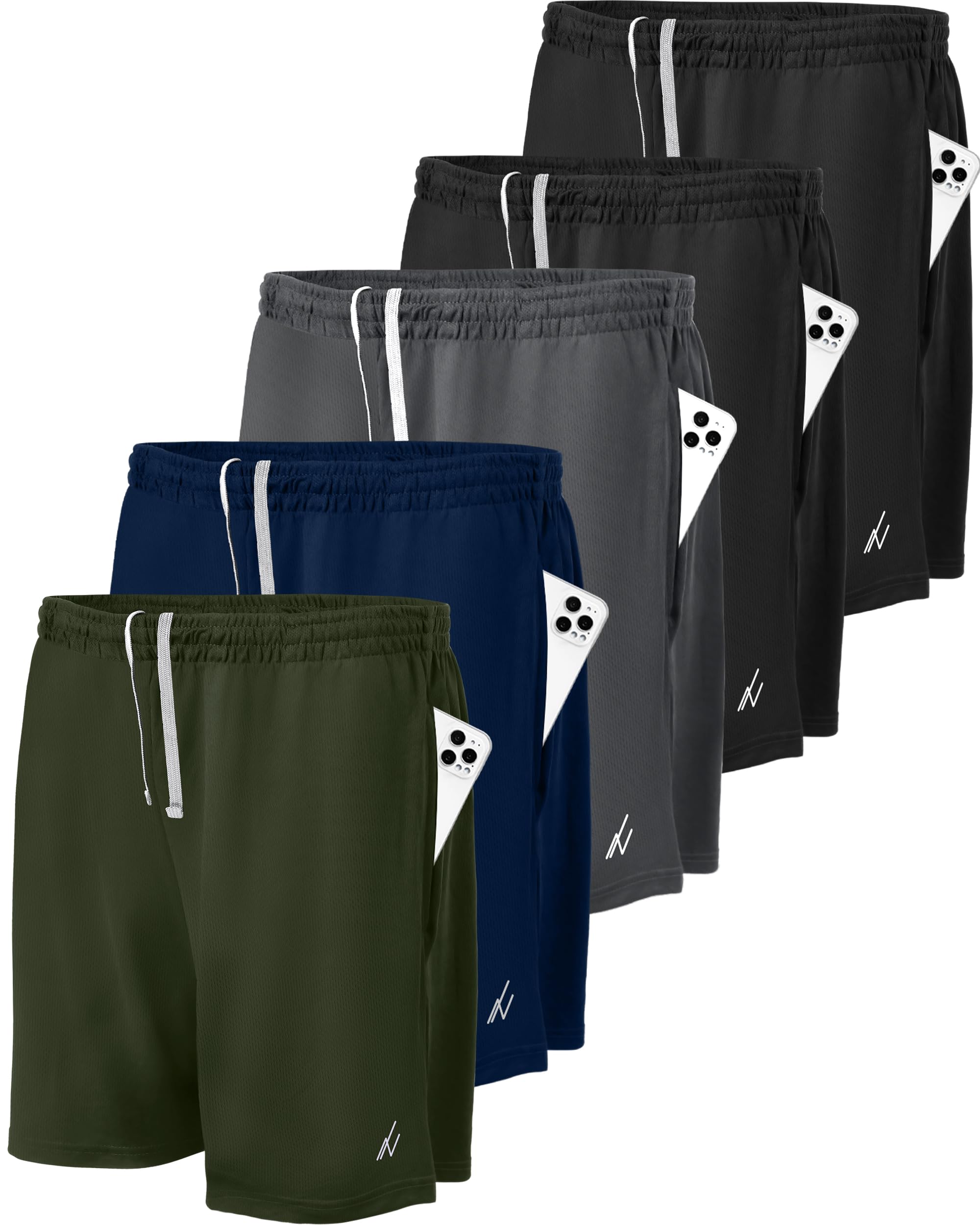 NY Threads 5 Pack Men's Athletic Shorts Quick Dry Loose-Fit Lightweight Running Workout Gym Shorts with Pockets, XX-Large, Black/Black/Navy/Dark Grey/Army Green