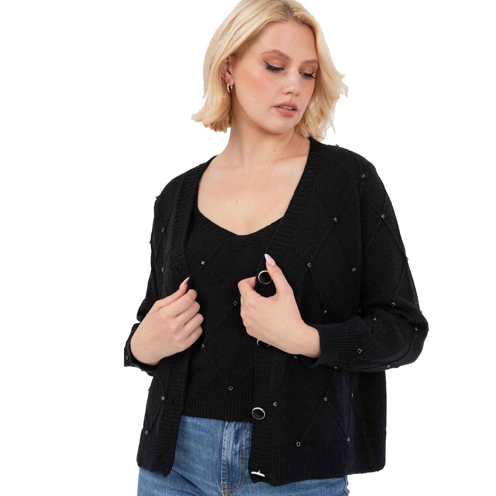 Women's Twinset Ladies Long Sleeve Cardigan Knitted Two Piece Vest Tank Top Co-ord Set Diamante Smart Casual Knitwear