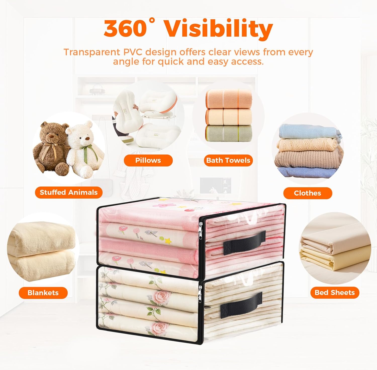 SpaceWhisper 8 Pack Clear Storage Bags, Plastic Blanket Storage Bags with Zipper and Handle, Moving Bags for Comforter, Bedding & Clothes, Closet Organizer and Under Bed Storage (17.7x15.7x7.9 Inch)