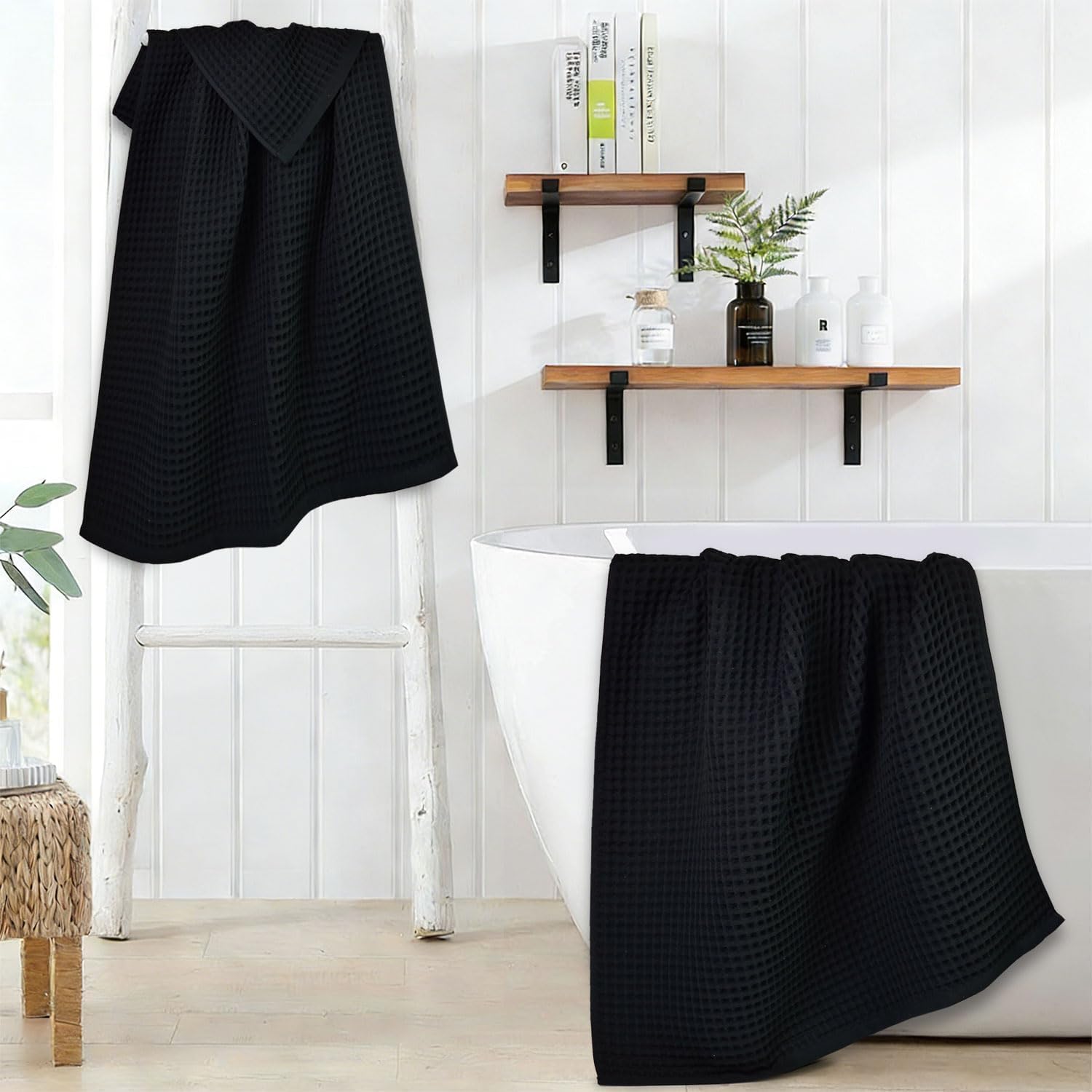 Lot de 2 Grandes Serviettes de Bain gaufrées – Coton Doux, léger – 100 x 150 cm – Grande Serviette de Bain pour Salle de Bain, Douche, Spa, Plage (Noir)