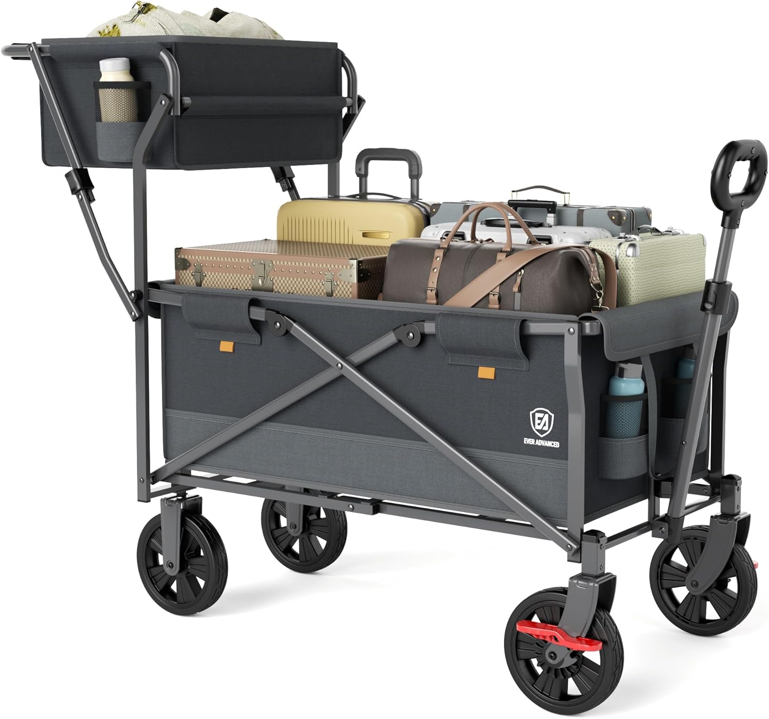 ever advanced collapsible push & pull shopping cart with wheels & brakes, foldable wagon for groceries with practical basket, side pockets & cup holders, beach utility rolling cart for camping, grey gray