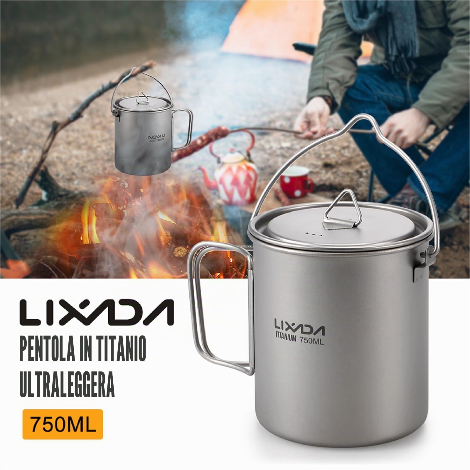 Lixada Campeggio Cucina,3 Pezzi Set di pentole Titanium 750 ml Pot, 420ML Cup Water Mug con Coperchio, Manico Pieghevole Pieghevole Spork per Outdoor Campeggio, 750ML Pot